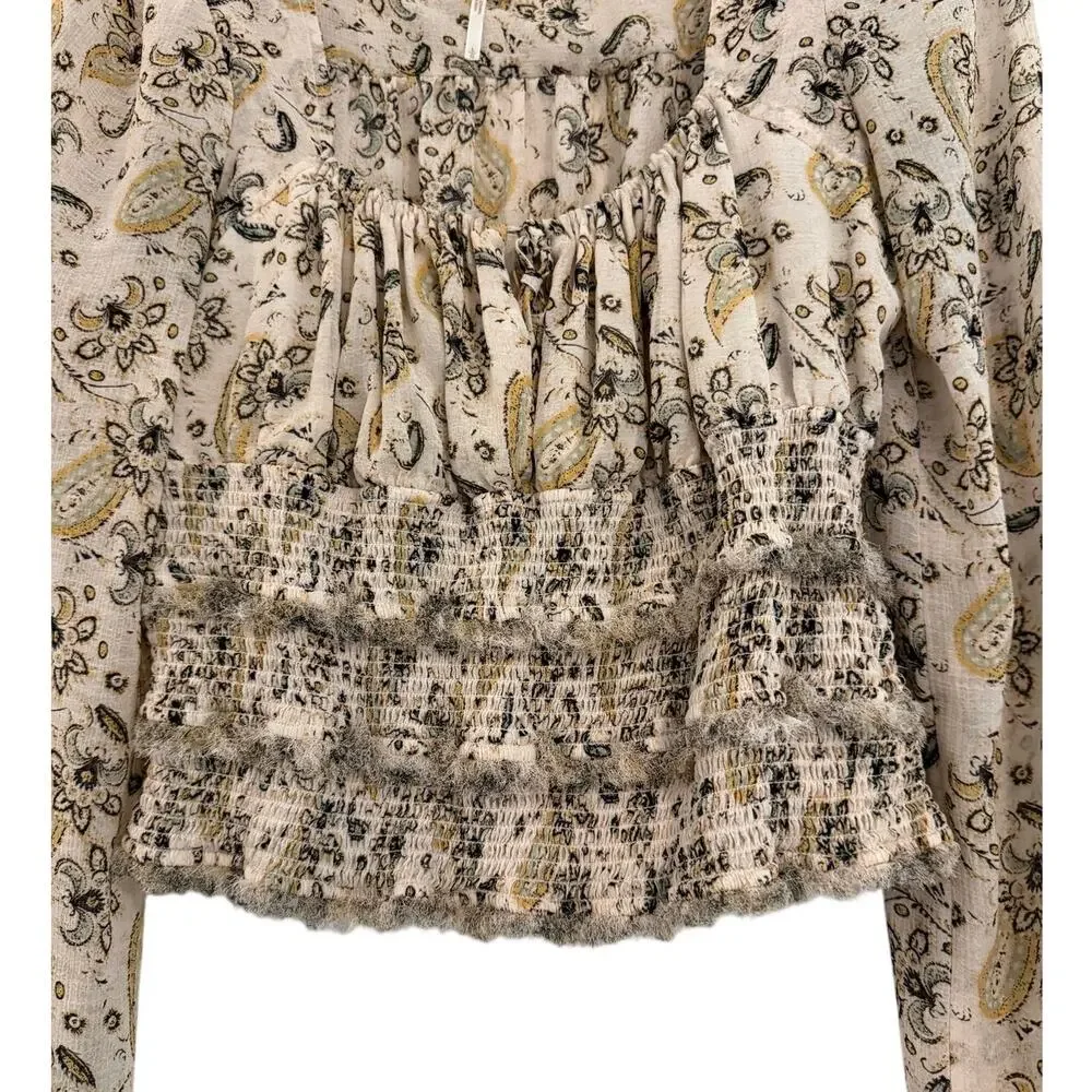 Free People Paisley Smocked Boho Peasant Top Large